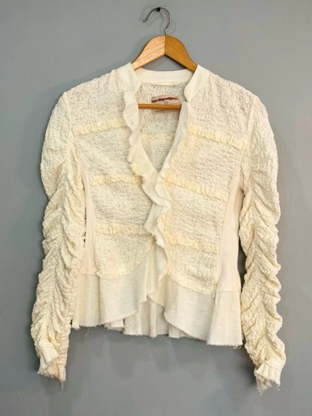 Free People Cream Ruffle Textured Long Sleeve Blouse